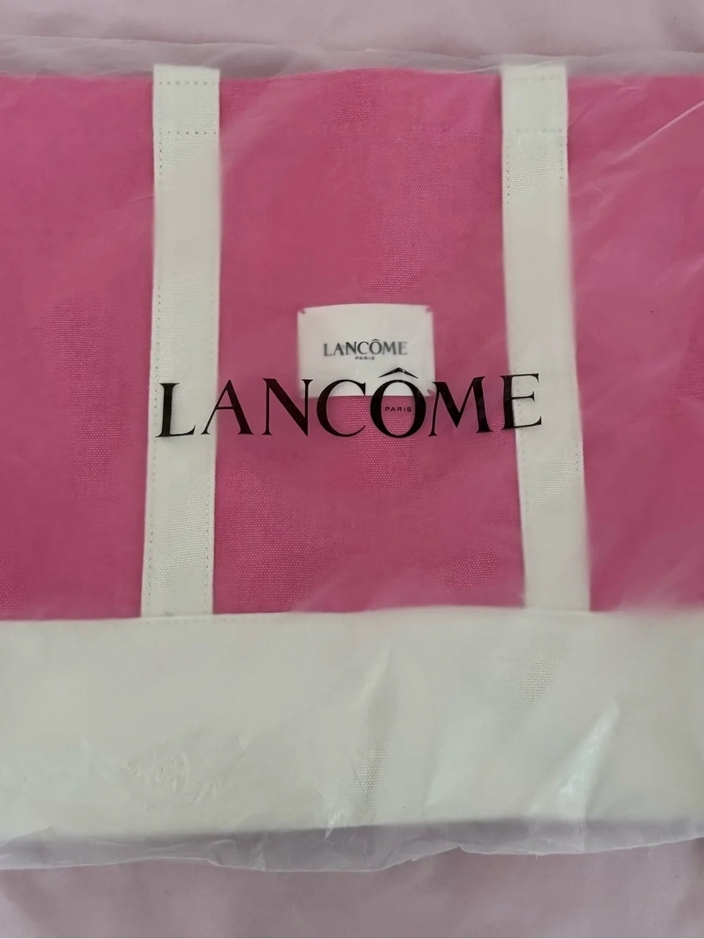 NWT Lancôme Pink Canvas Tote Bag with Cream Trim, size 17x12 boho beach Barbie - Picture 2 of 9